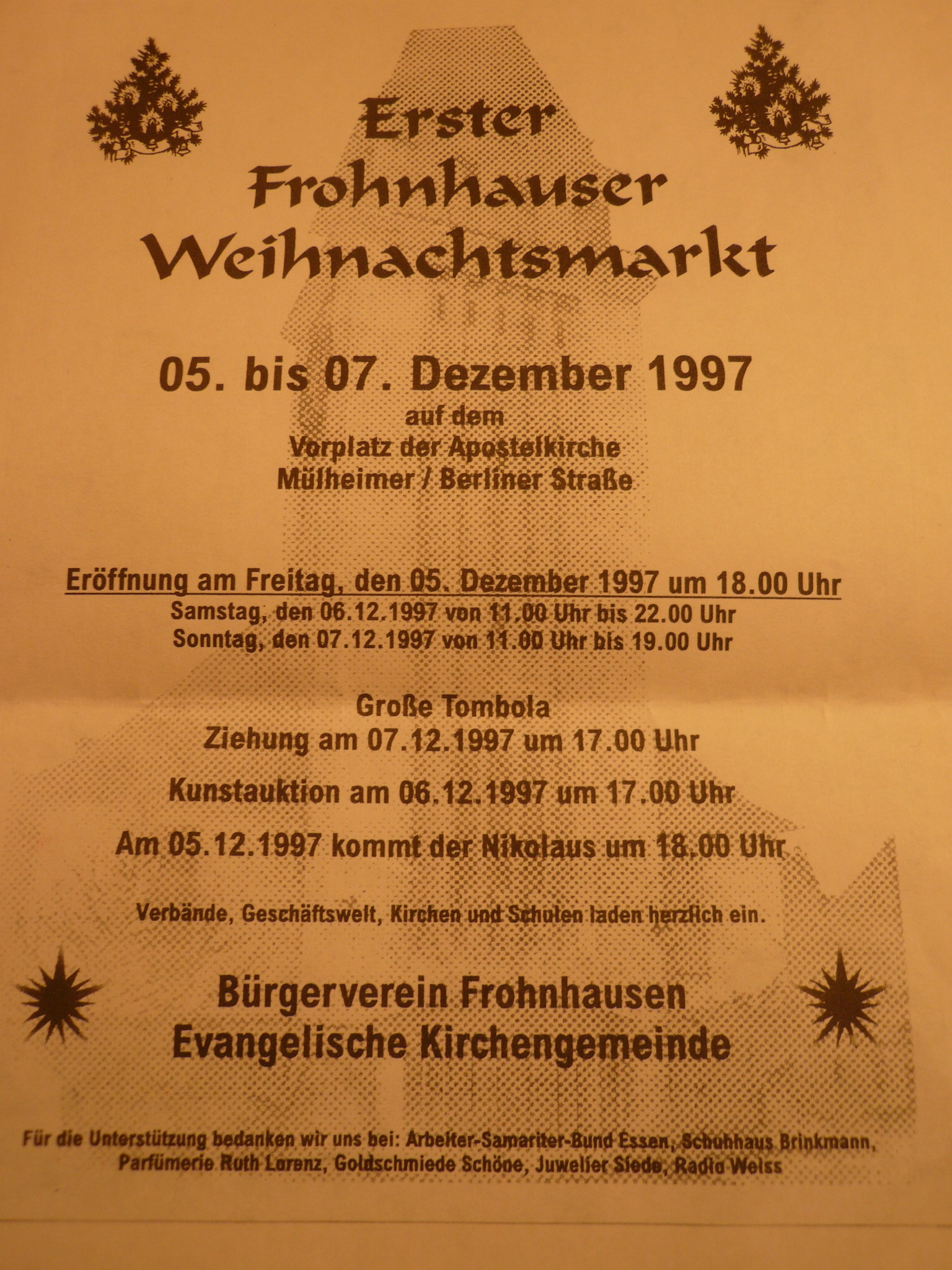 Wie die Zeit vergeht! 1997 -erster Frohnhauser Weihnachtsmarkt - unvergessen. Mit 25 romantischen Holzhütten. Die zogen drei Tage die Essener an, teilweise von 11 - 22 Uhr.