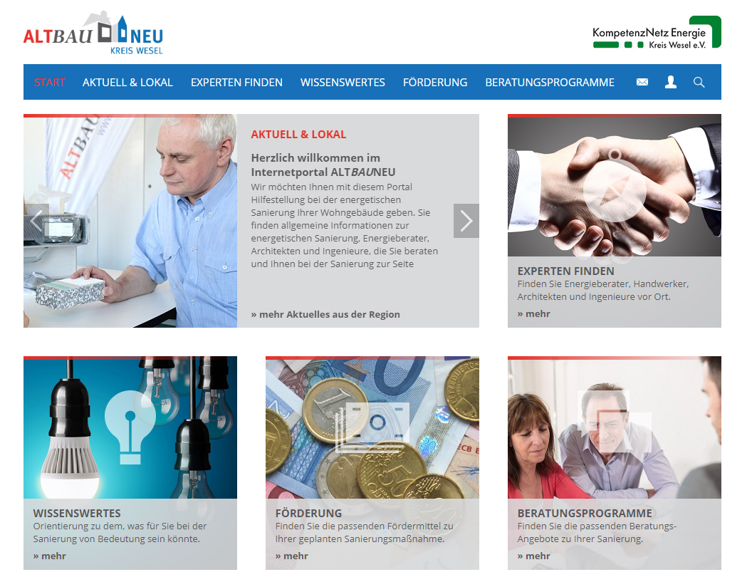 Screenshot von der Website des KompetenzNetz Energie Kreis Wesel e.V. (AltBauNeu) - gemacht am 27. November.