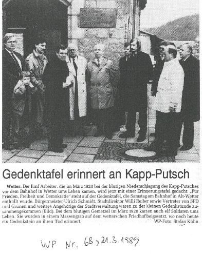 Gedenktafeleinweihung am Bahnhof Wetter/Ruhr 1989