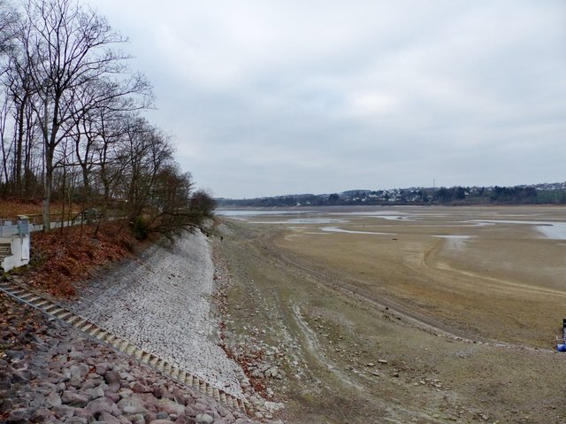 Blick auf den Hauptsee (Südufer / Stockumer Damm), auf dem oberen (Wameler) Seeabschnitt ein Rothalstaucher