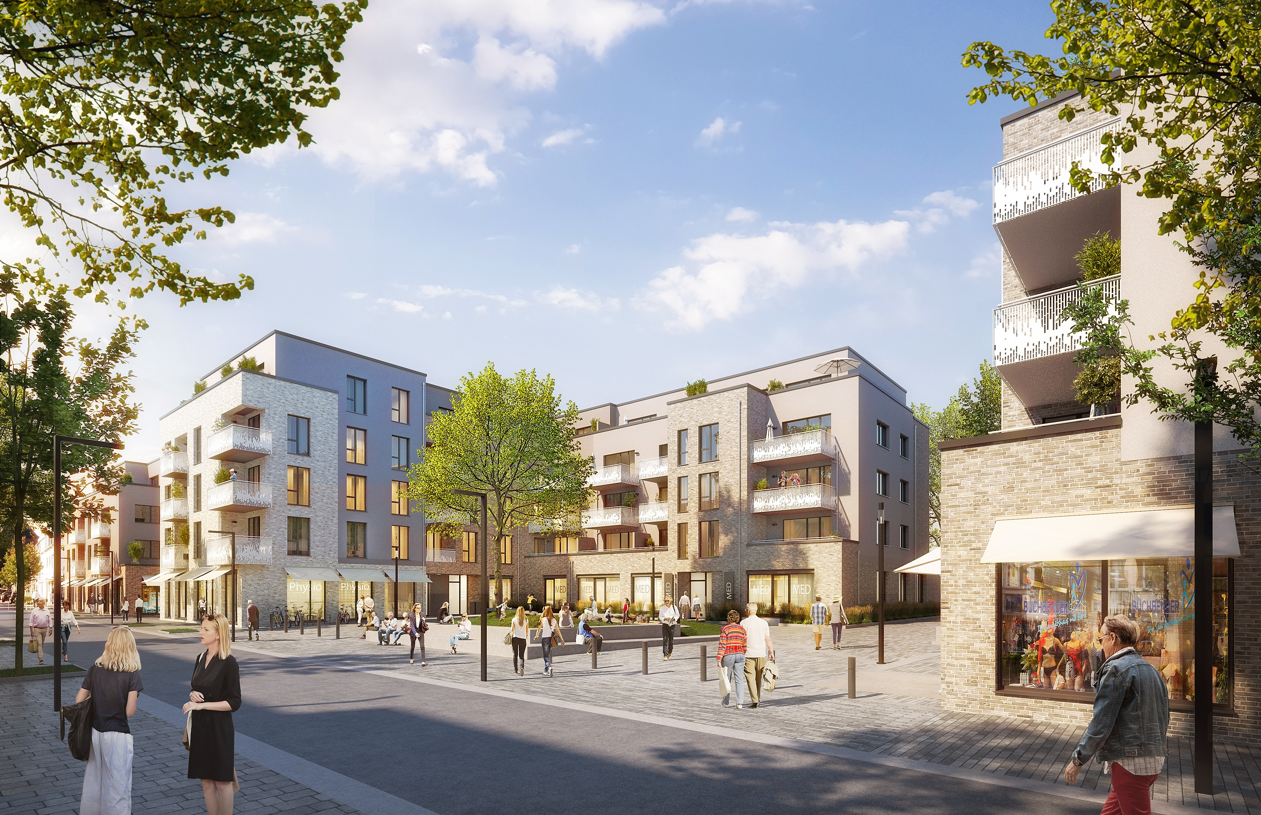Blick auf den gestaffelt aufgebauten Gesundheitscampus mit begrüntem Entrée, das sich zur Alten Schulstraße hin öffnet.
Grafik: Absolut Immobilien und Beteiligungs GmbH / Köln
