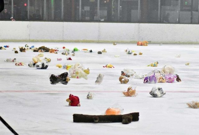 Alle Plüschfiguren, die auf die Eisfläche geworfen wurden, werden an das Friedensdorf International gespendet.
