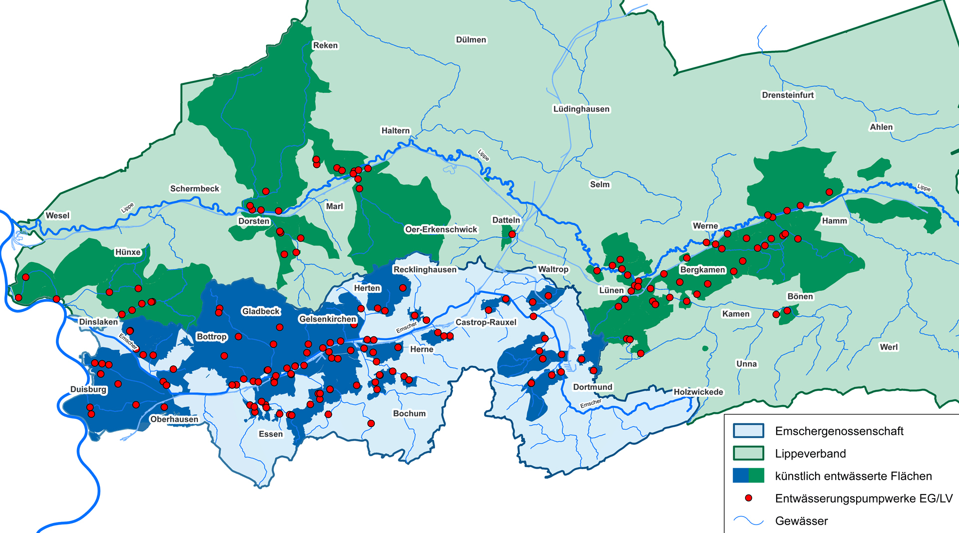 Welche Flächen würden ohne Pumpwerke unter Wasser stehen? Wo gibt es überall Entwässerungspumpwerke? (Quelle: EGLV)