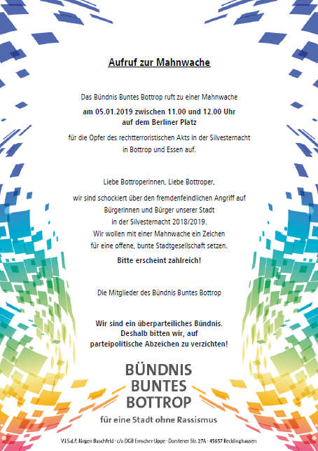 Der Aufruf des „Bündnis Buntes Bottrop" zur Mahnwache am Samstag