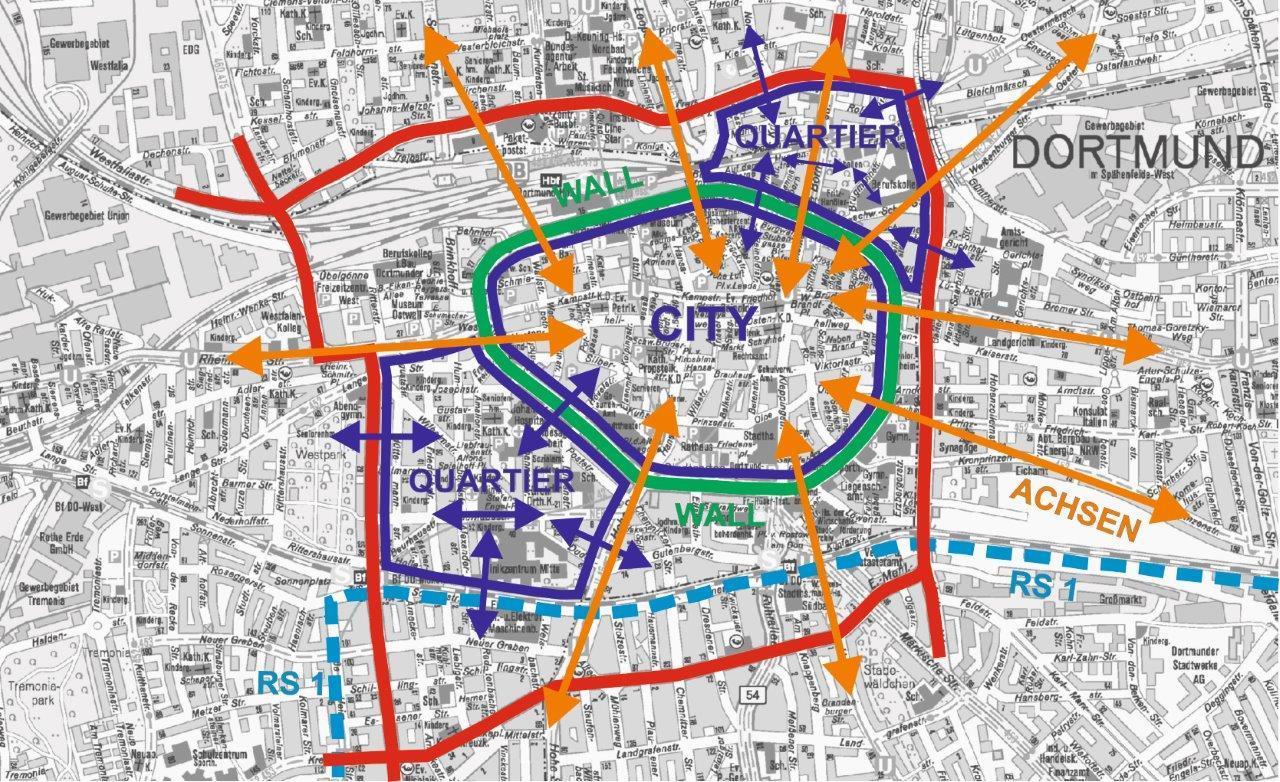 Die Luft in der Dortmunder City soll mithilfe der Fördermaßnahmen besser werden- verschiedene Maßnahmen-Schwerpunkte sind auf der Karte eingezeichnet.