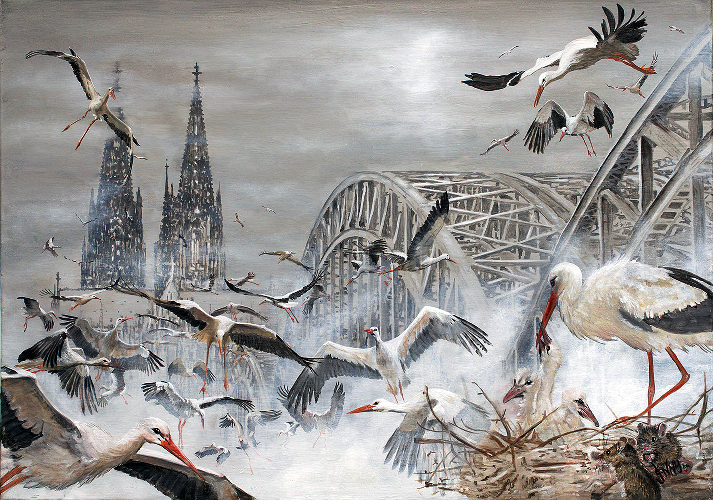 Auch im Jahr 2019 wird es in der Galerie "Alte Spedition" an der Ringeldorfer Straße in Butendorf wieder eine Reihe von überregional bedeutsamen Kunst-Aktivitäten geben. Obiges Foto zeigt das Ölgemälde "Köln - Störche".