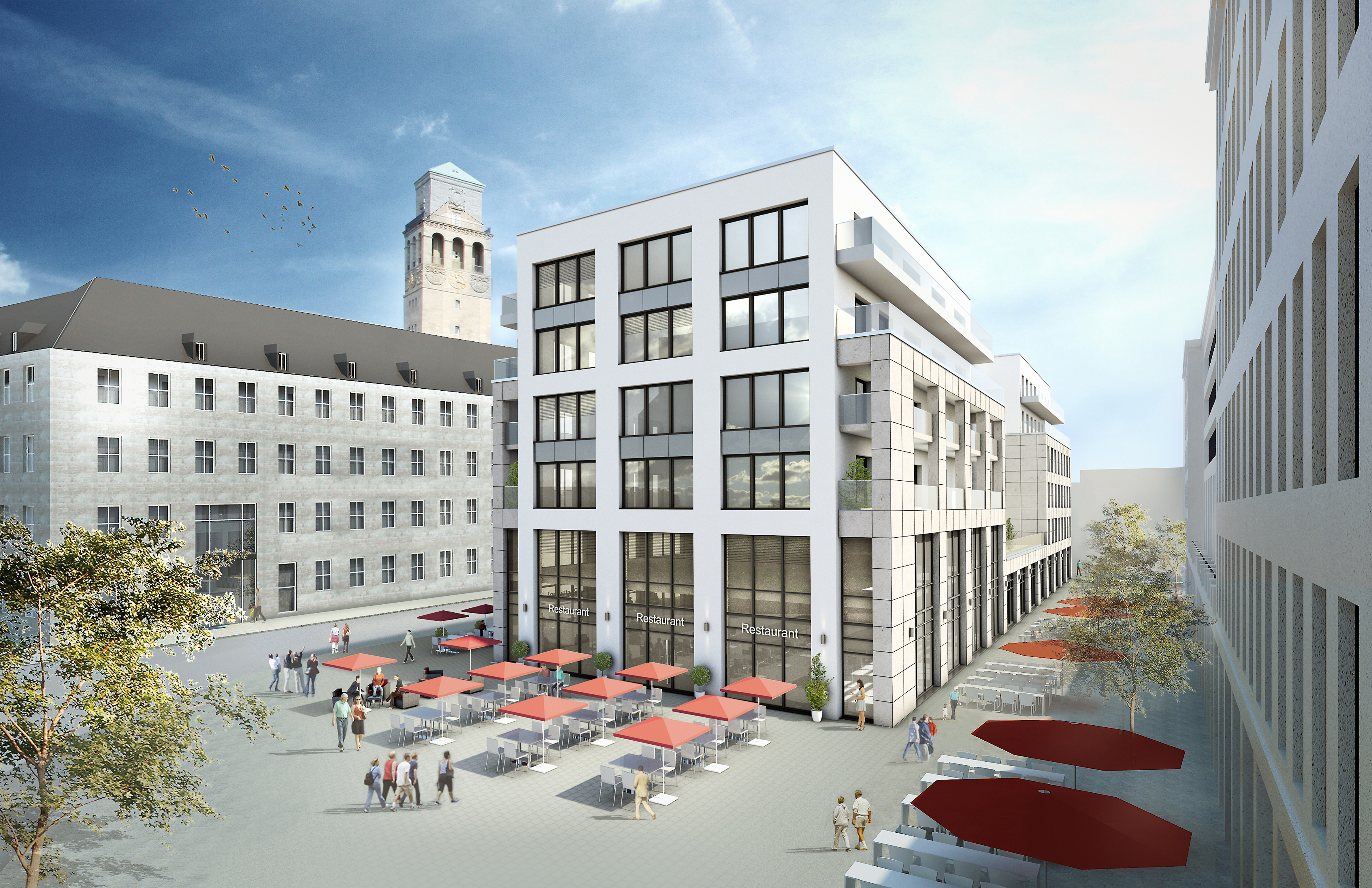 Die Rückseite des StadtQuartiers Schlosstraße bietet bald Gastronomie mit Block auf Ruhrpromenade und Fluss, wie die Visualisierung verdeutlicht. Quelle: Mülheimer Wohnungsbau eG