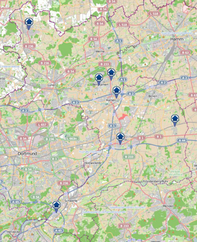 Der "Einbruchsradar" gibt einen Überblick über Einbrüche, die sich innerhalb einer Woche im Zuständigkeitsbereich der Kreispolizeibehörde zugetragen haben. Grafik: Polizei NRW Kreis Unna