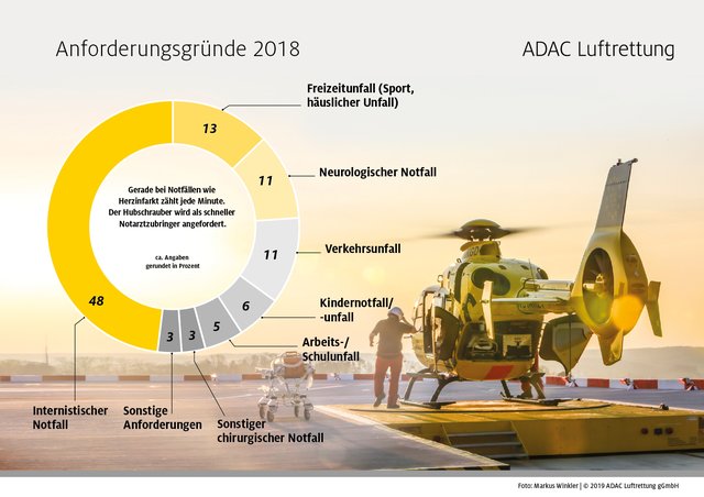 Einsatzursache Nummer eins waren mit 48 Prozent erneut die internistischen Notfälle wie akute Herz- und Kreislauferkrankungen. Grafik: ADAC