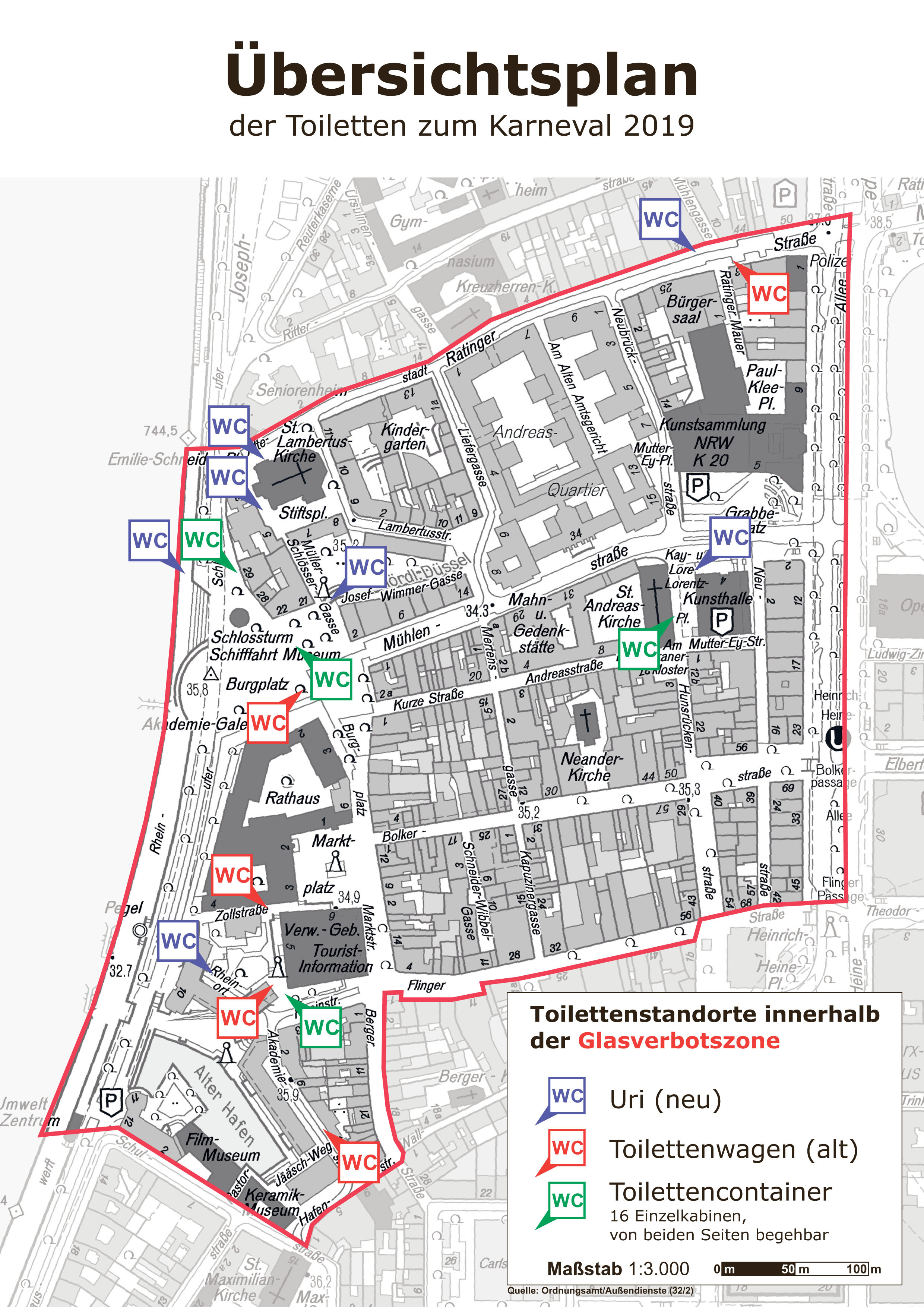 Die Grafik zeigt die Standorte temporärer Toilettenanlagen zu Karneval in der Düsseldorfer Altstadt.