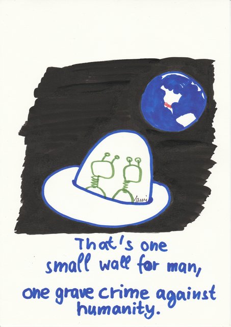 Seine Karikatur zeigt zwei Außerirdische, die die Worte von Neil Armstrong abwandeln.
