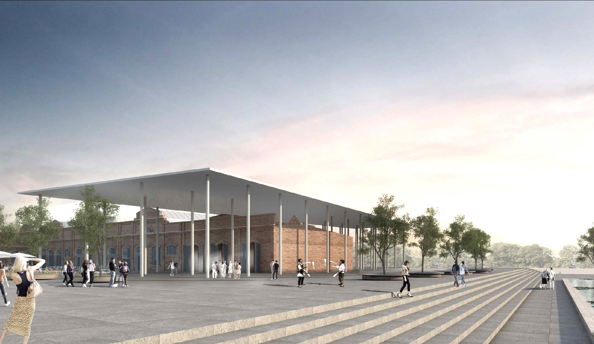 Der Eingangsbereich wird den Plänen zufolge vonseiten der Rheinpromenade und von der Wasserachse aus zugänglich sein.
Grafik: Bez + Kock Architekten