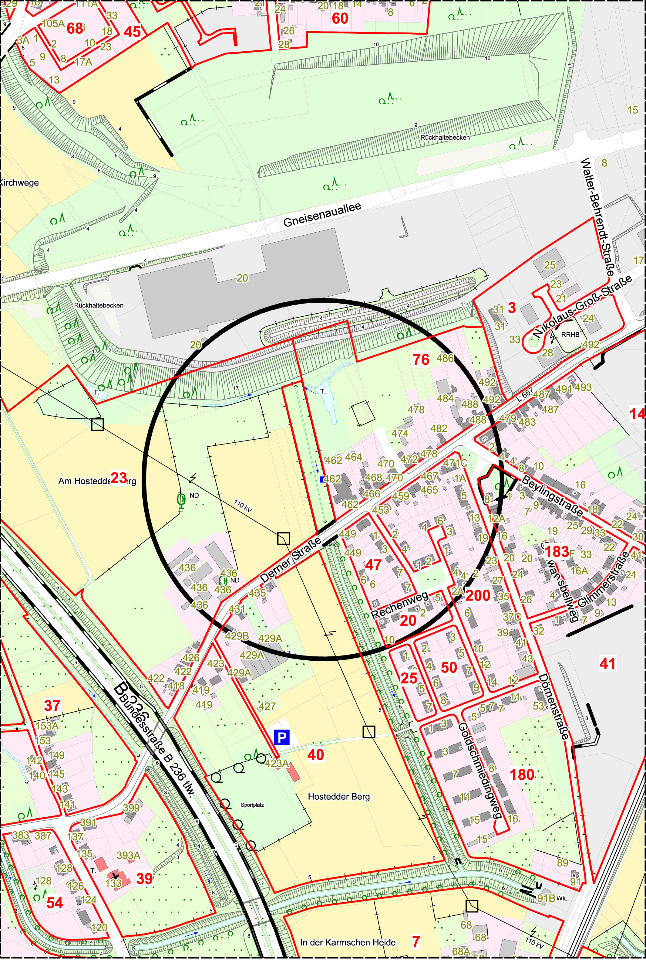 In einem Radius von 250 Metern um den Fundort (siehe Kreis) müssen 270 Anwohner evakuiert werden.