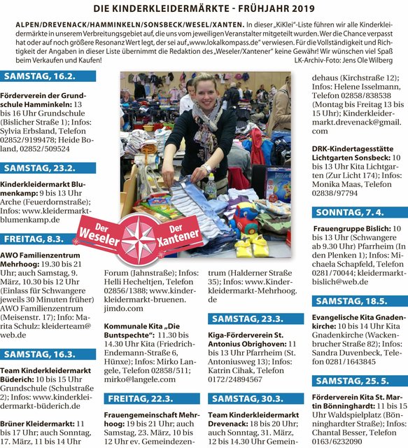 Diese Liste der "KiKlei"-Märkte Frühjahr 2019 in Wesel und Umgebung können Interessierte gerne als pdf-Datei in der Redaktion anfordern. Senden Sie dazu eine E-Mail mit Ihrer Anfrage an: redaktion@derweseler.de