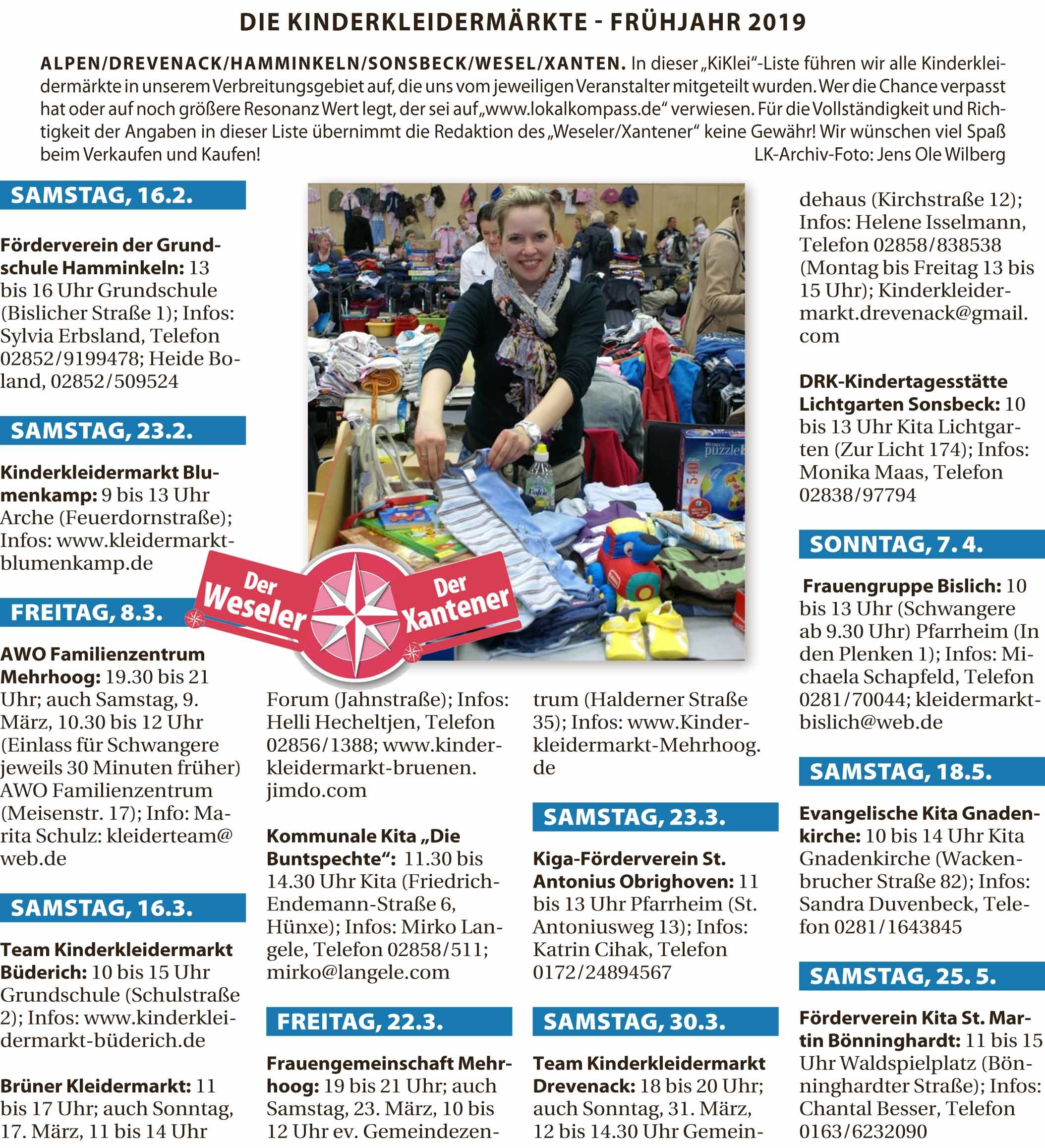 Diese Liste der "KiKlei"-Märkte Frühjahr 2019 in Wesel und Umgebung können Interessierte gerne als pdf-Datei in der Redaktion anfordern. Senden Sie dazu eine E-Mail mit Ihrer Anfrage an: redaktion@derweseler.de