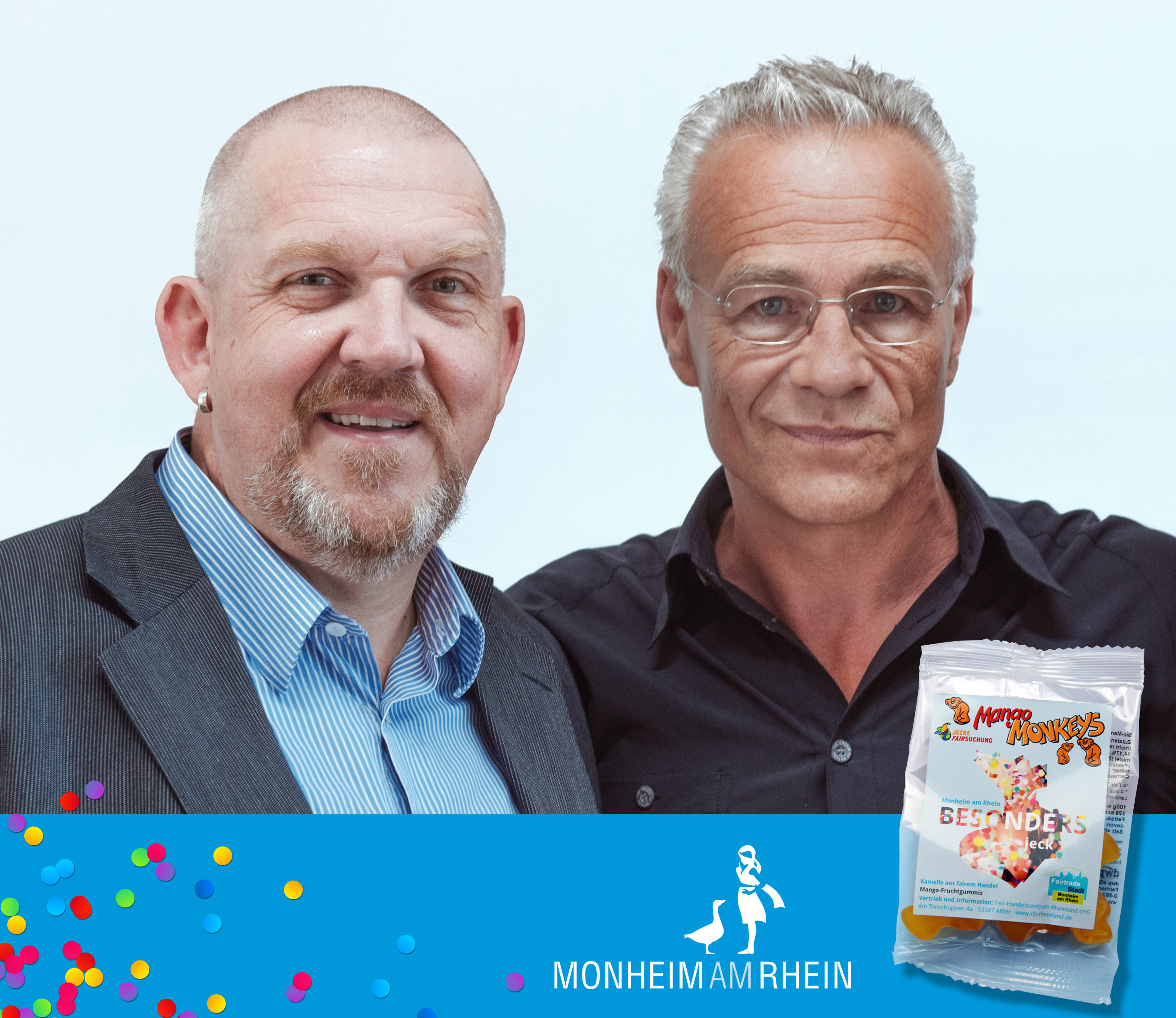 Dietmar Bär (links) und Klaus J. Behrendt bedankten sich bei Monheims Karnevalistinnen und Karnevalisten per Video-Botschaft für ihr Fairtrade-Engagement.
Foto: Straßen der Welt e. V.
