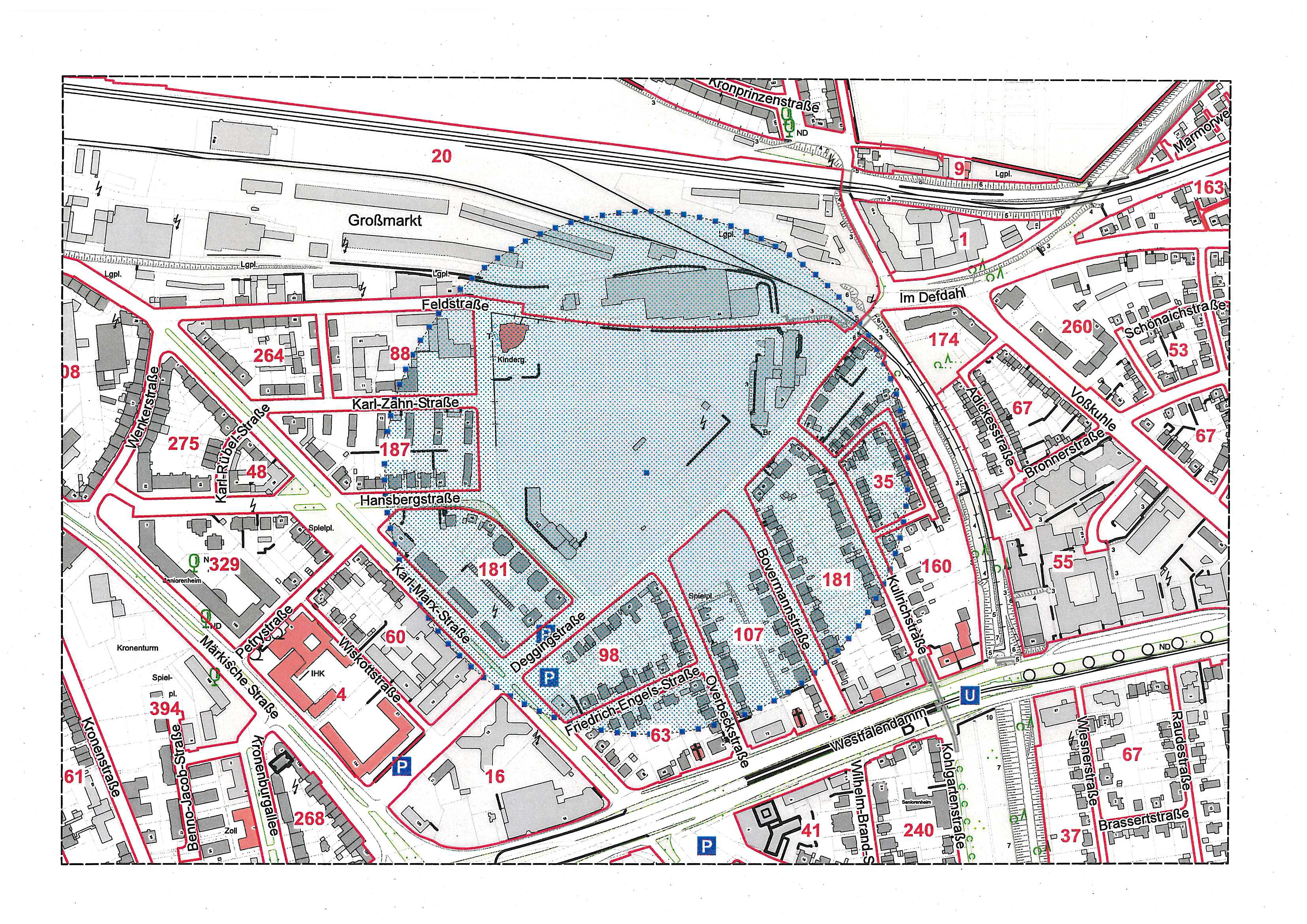Rund um die Baustelle müssen Teile der Friedrich-Engels-, Bovermann-, Kulrich-, Overbecks-, Karl-Zahn. und Feldstraße rund um die Deggingstraße heute evakuiert werden.