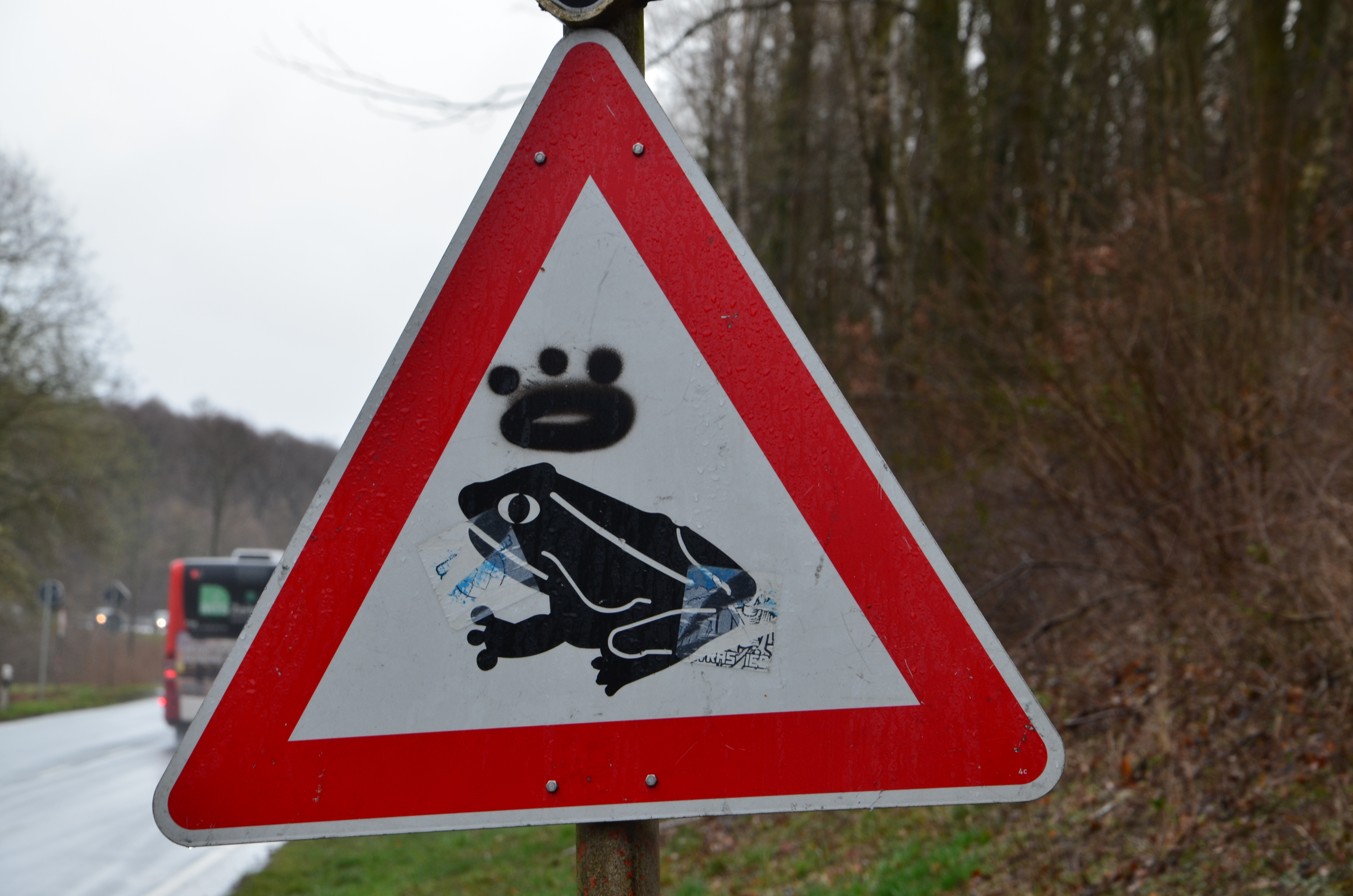 "Nicht küssen, bremsen" - diesen Aufruf hat ein Zeitgenosse offenbar wörtlich genommen und auf diesem Straßenverkehrsschild einen gefährdeten "Froschkönig" mit einer Spraydose "gezaubert". Foto: Köhler