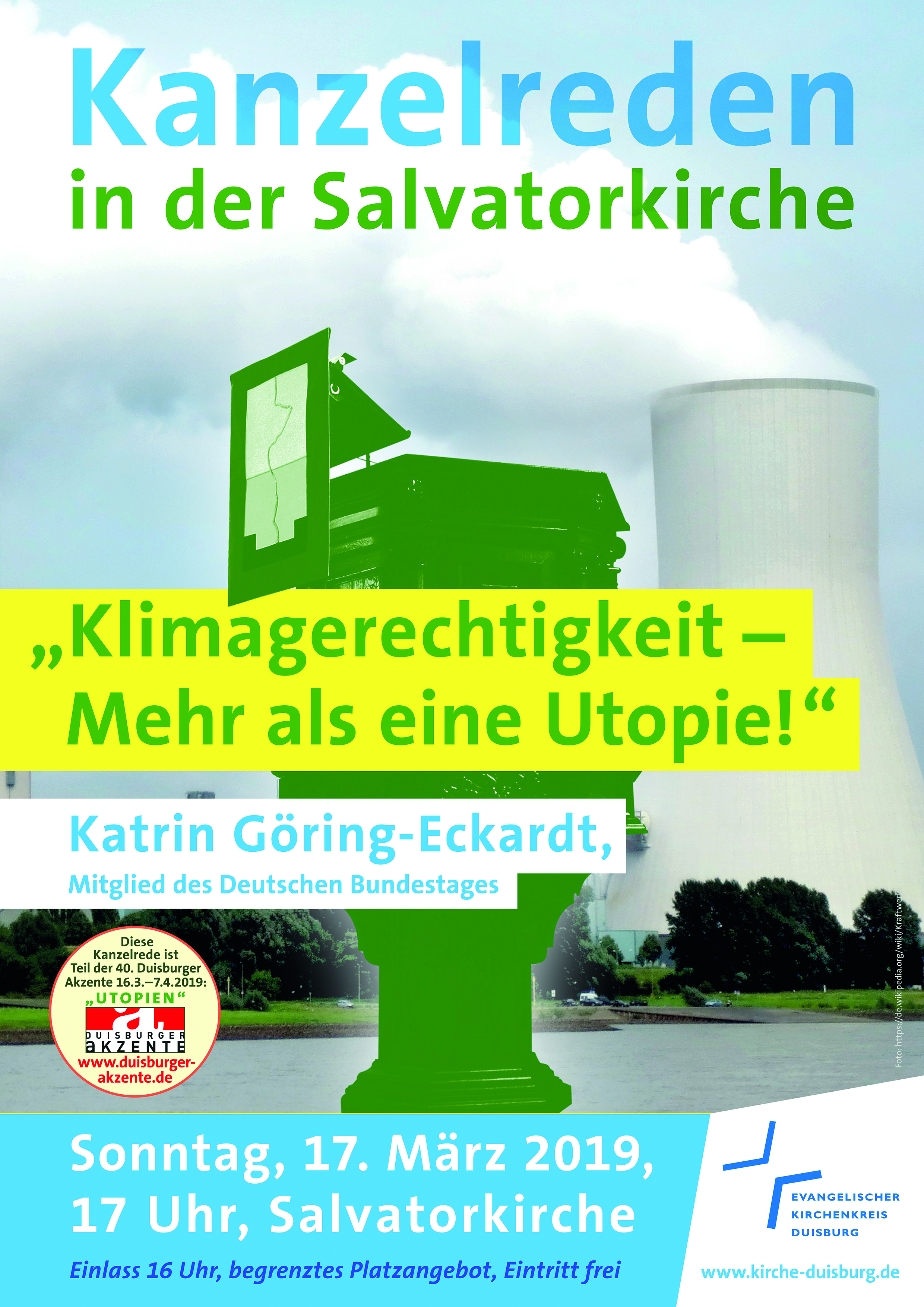 Die Kanzelreden in der Duisburger Salvatorkirche sind längst zu einem festen Bestandteil angeregter Diskussionen geworden. Viele Prominente, Theologen, Nicht-Theologen, Politiker und Autoren haben dort Impulse gegeben und Akzente gesetzt. Plakat: Ev. Kirchenkreis