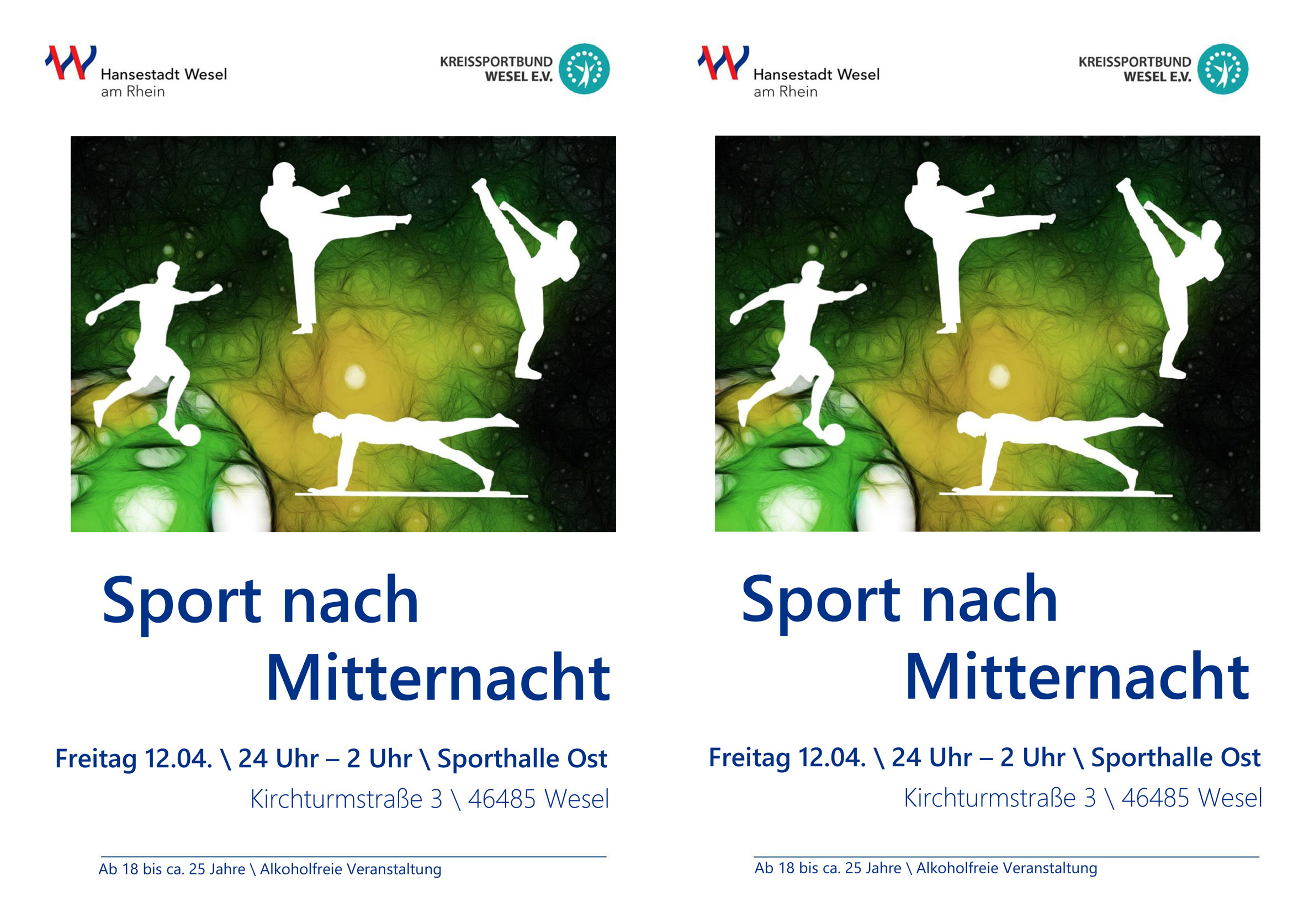 Sportprogramm der Lauffreunde Hadi und des Kampfkunstvereins Wesel in der Nacht von Freitag, 12. April, auf Samstag, 13. April, in der Turnhalle Ost in Wesel.