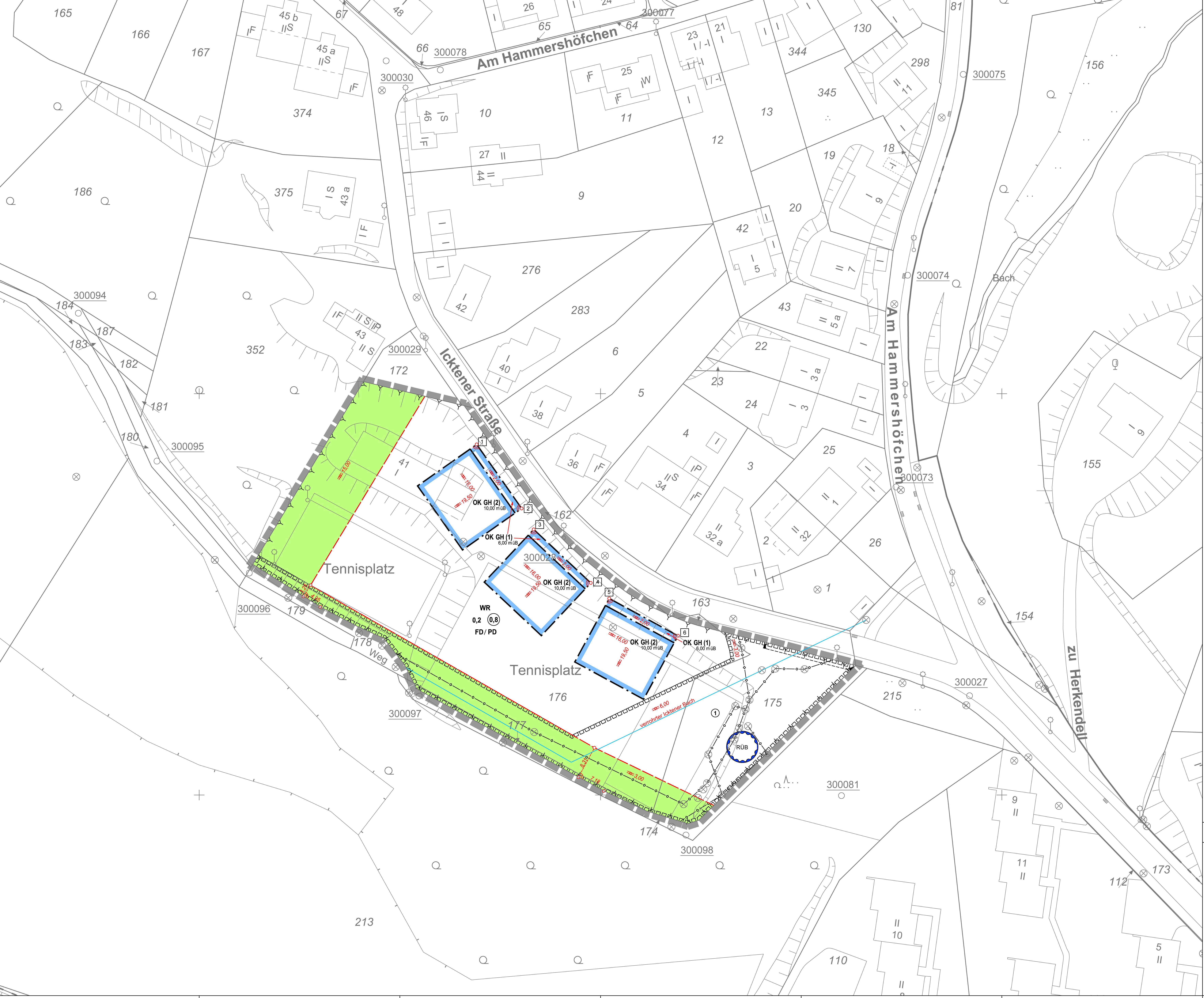 Der neue Plan sieht drei Baukörper (blau markiert) vor. Die ehemaligen Tennisplätze bleiben größtenteils frei.