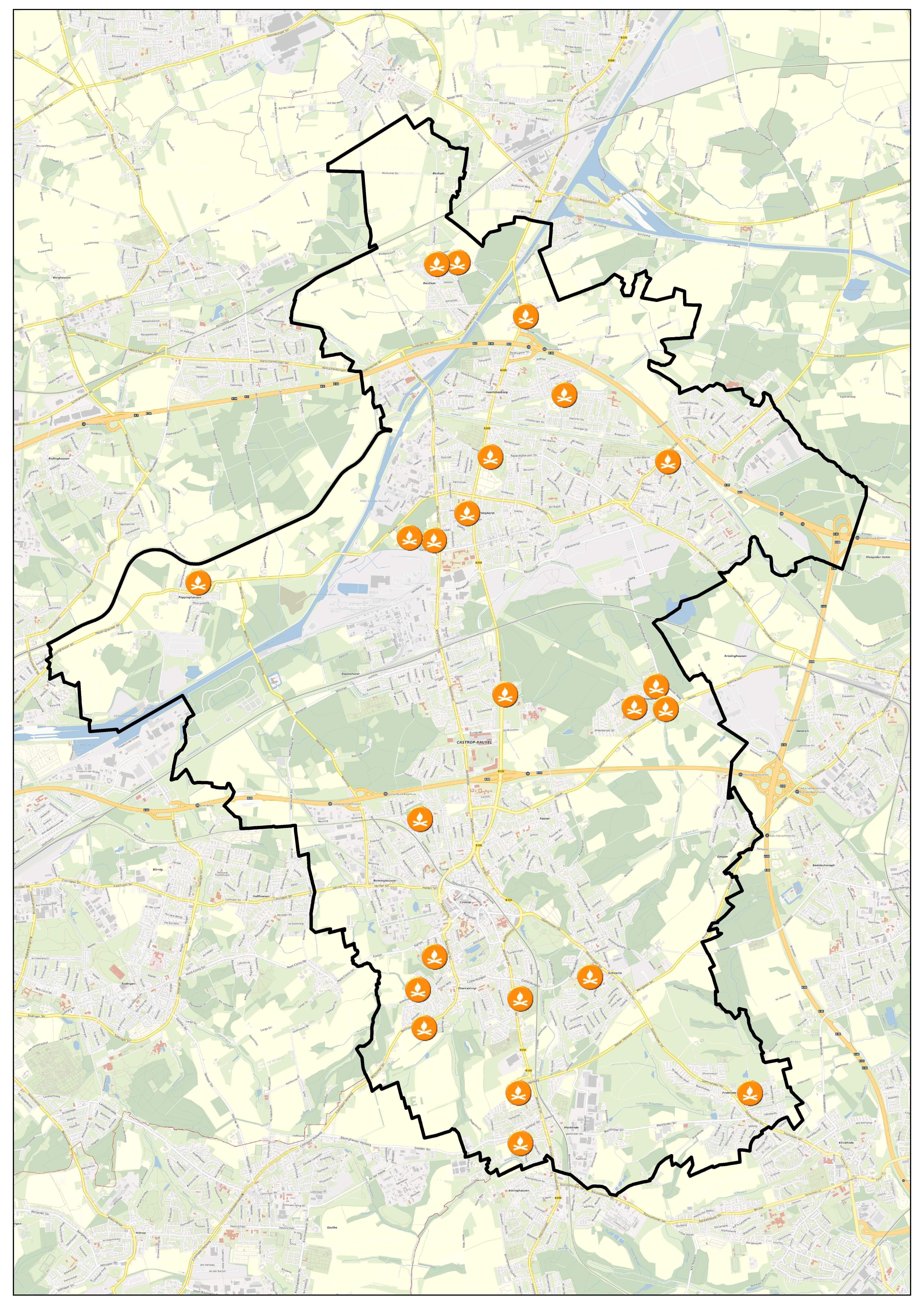 Die Karte zeigt die Veranstaltungsorte der 23 Osterfeuer, die am 20. und 21. April abgebrannt werden.