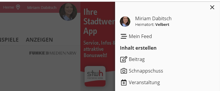 Euren persönlichen Feed findet ihr, wenn ihr oben rechts auf euer Profilbild oder euren Namen klickt. Es öffnet sich ein Fenster; an erster Stelle unter dem Namen und Heimatort ist "Mein Feed" zu finden. Screenshot: Dabitsch