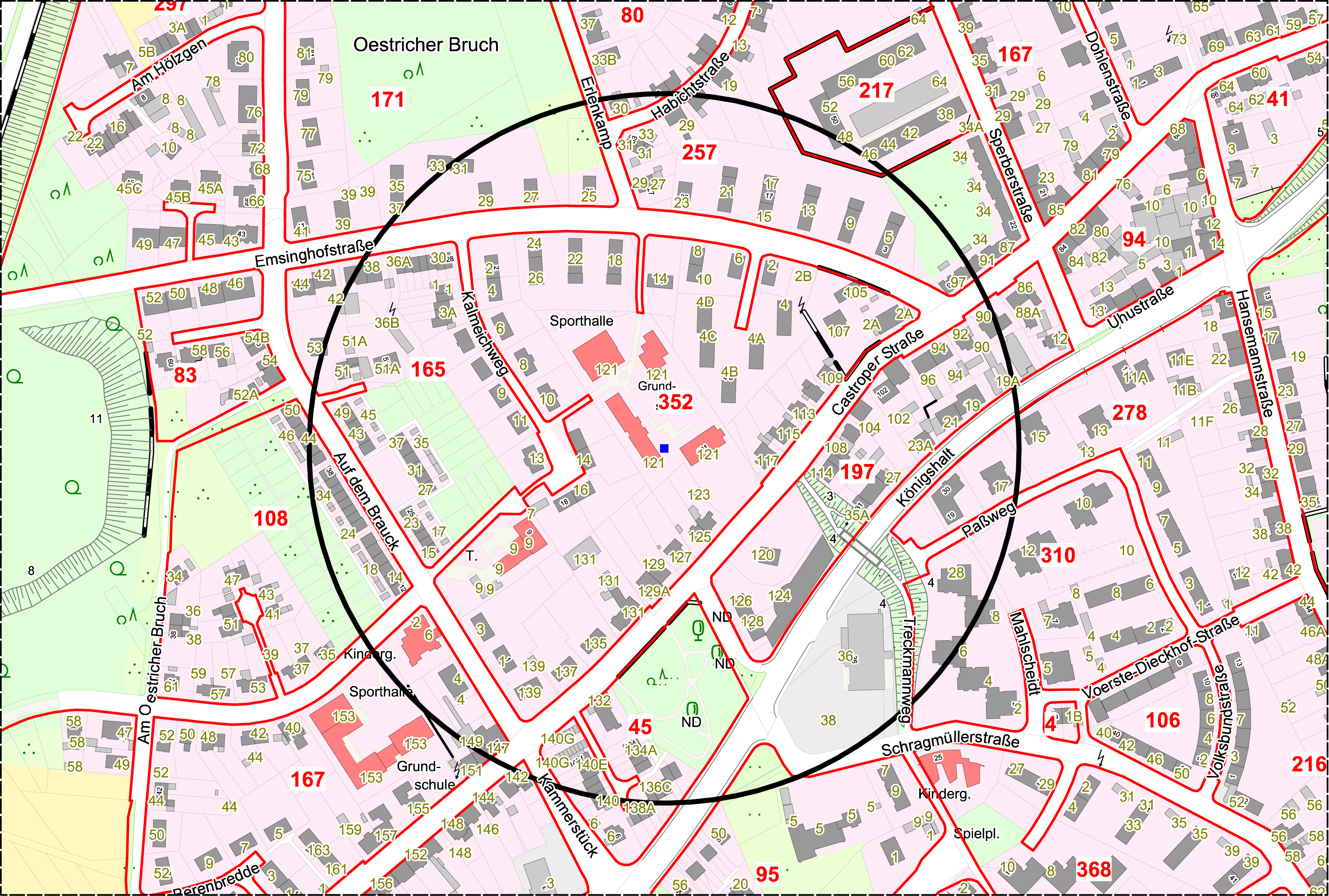 Bombenfund: Aus Sicherheitsgründen muss das umliegende Gebiet (siehe Kreis) in einem Radius von 250 Meter evakuiert werden.