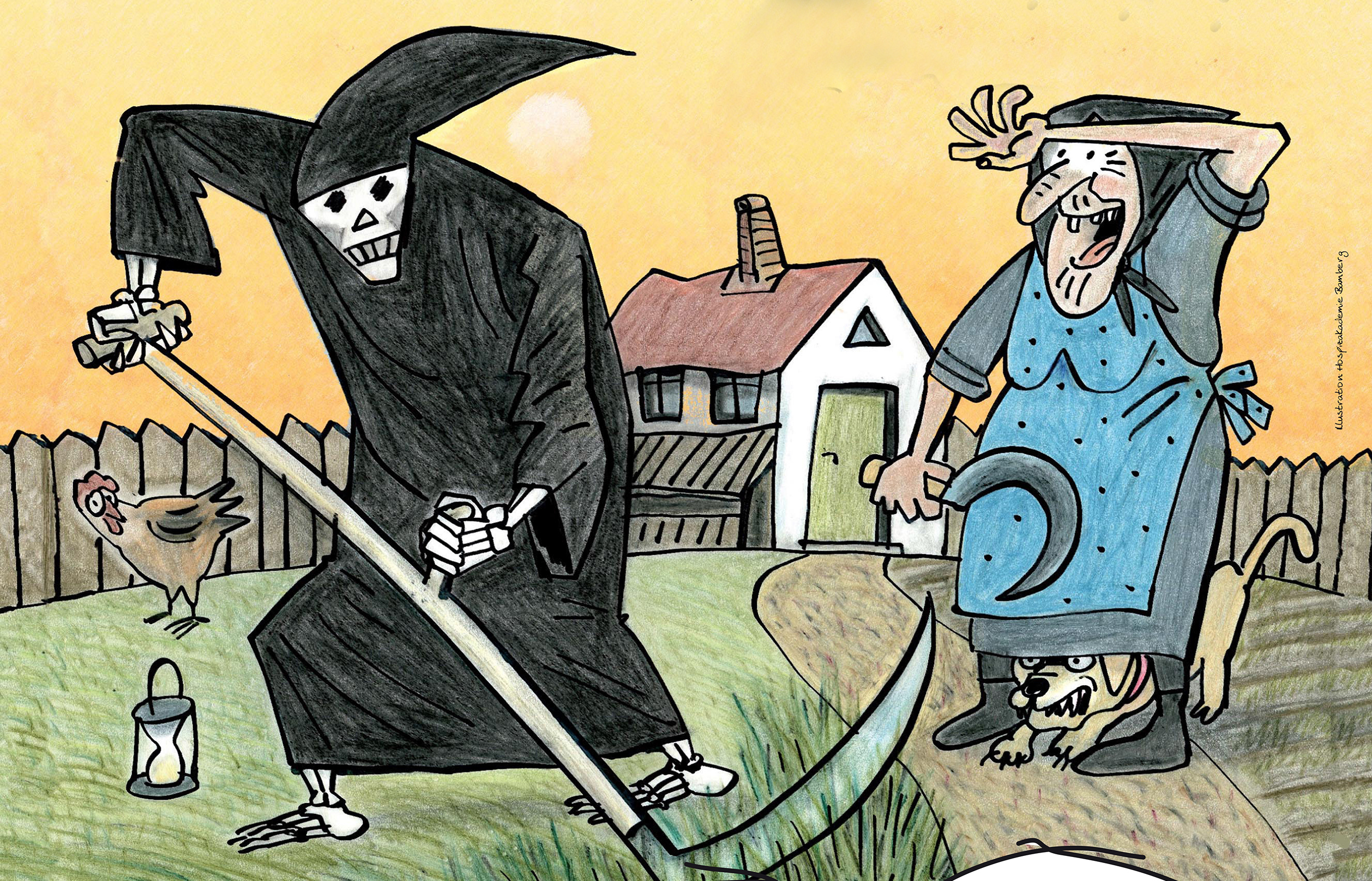 Zur Karikaturen-Ausstellung über Sterben, Tod und Trauer lädt der Pastorale Raum Kirche Dortmund-Nordost nach Kurl ein. - Hier die Titel-Karikatur mit Sensenmann und Bäuerin.