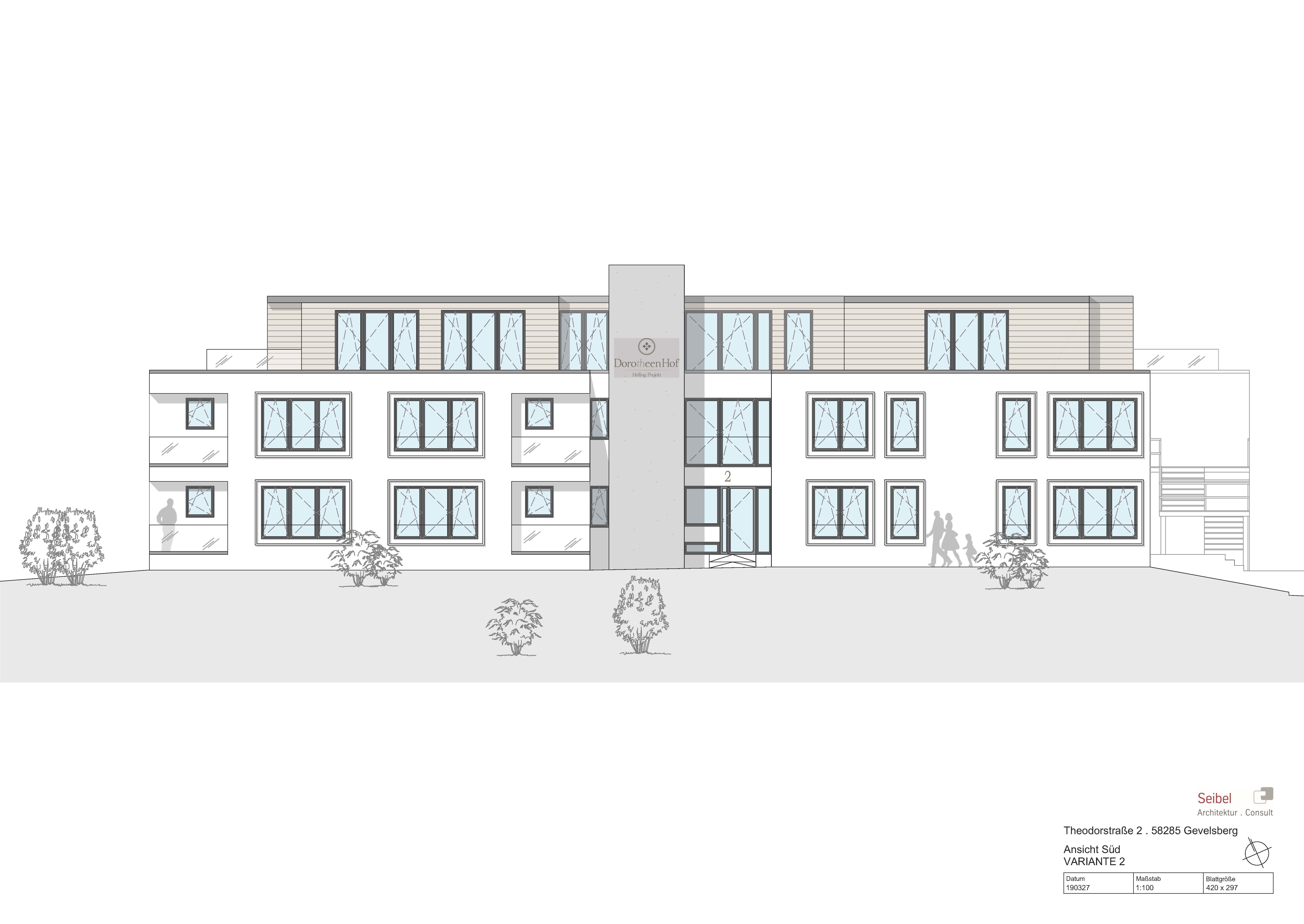Die beiden Gebäudeteile des „DorotheenHof“ sind über das Treppenhaus und den Aufzug in der Mitte miteinander verbunden. Im rechten Haus entsteht die Tagespflege, im linken Teil sechs Eigentumswohnungen plus Penthouse.