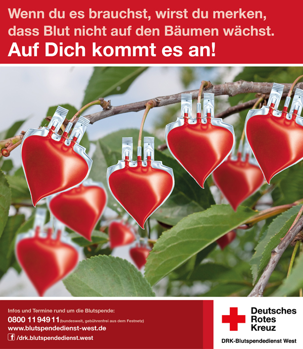 Nächster Blutspende Montag, 13.05.2019 von 10 Uhr bis 19 Uhr in der Mathias Jakobs Stadthalle.