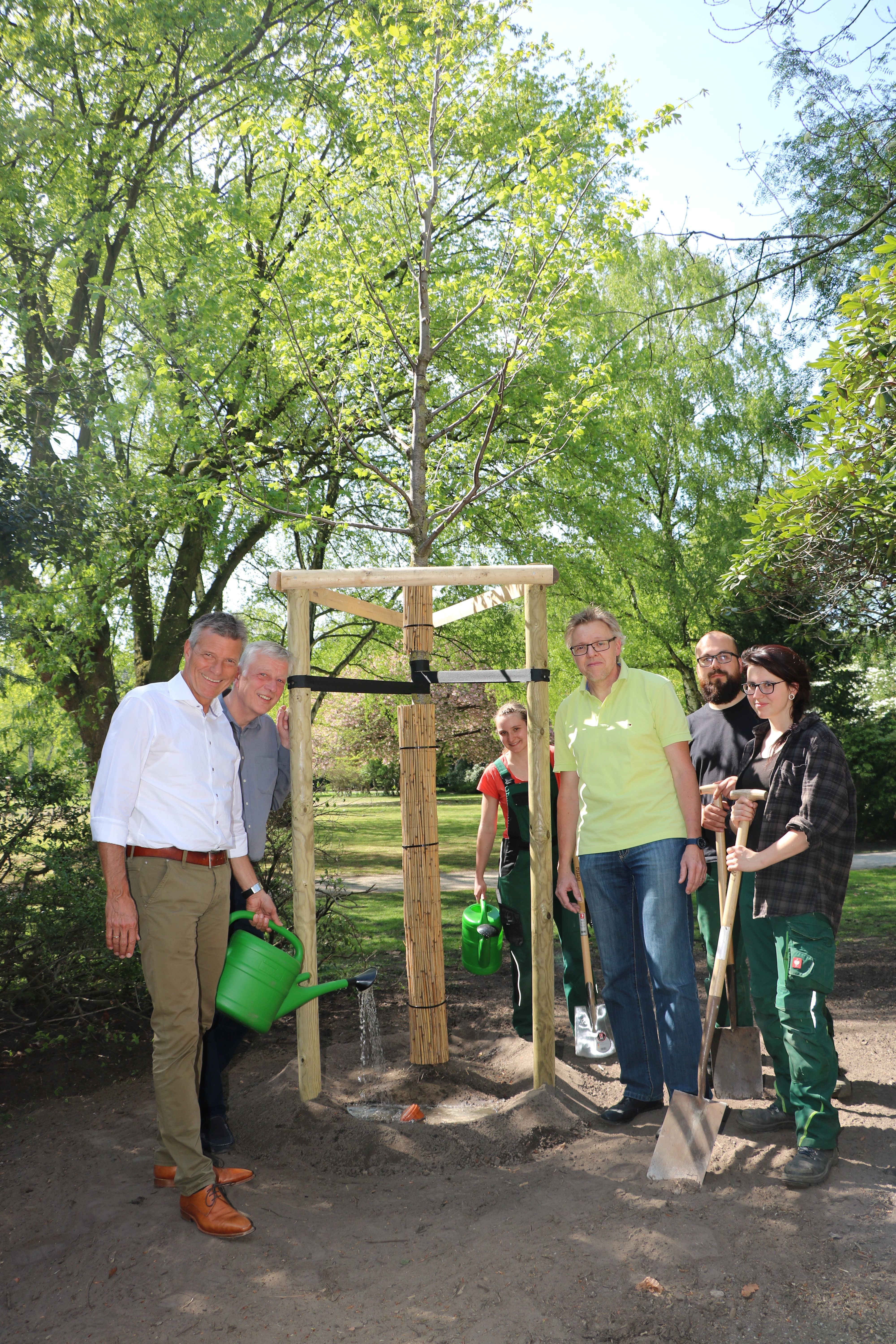 Eine Flatterulme wurde im Südpark von Aileen Milde, Florian Ritter und Nadine Wittwer gepflanzt. Bürgermeister Christoph Tesche, Norbert Höving und Volker Schäper versorgten den Baum mit Wasser.