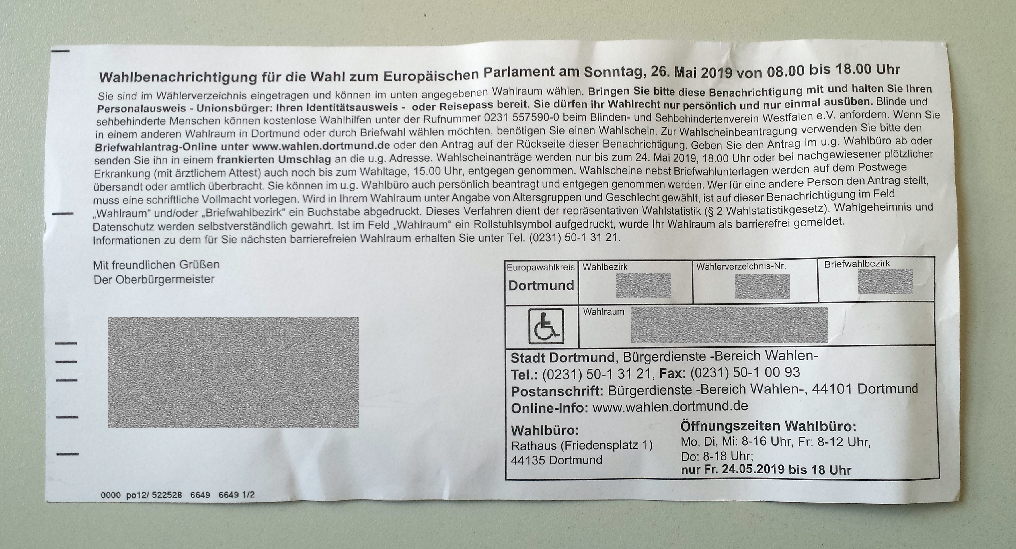 Wohl noch nicht jeder Dortmunder hat diese Wahlbenachrichtigung für die Europawahl erhalten. Vor allem in Wickede scheint es weiße Flecken auf der Zustellungs-Landkarte zu geben. - P.S.: Adresse und weitere personenbezogene Infos sind unkenntlich gemacht.