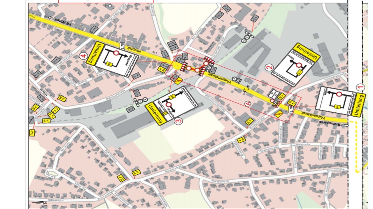 Die Umleitungsempfehlung von Straßen NRW während der Sperrung der Wuppertaler Str. / Hauptstraße in Niedersprockhövel