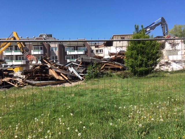 Fest gekrallt in der Zange hängen Beton und Moniereisen...während der andere Bagger blitzschnell nach Baumaterialien sortiert.