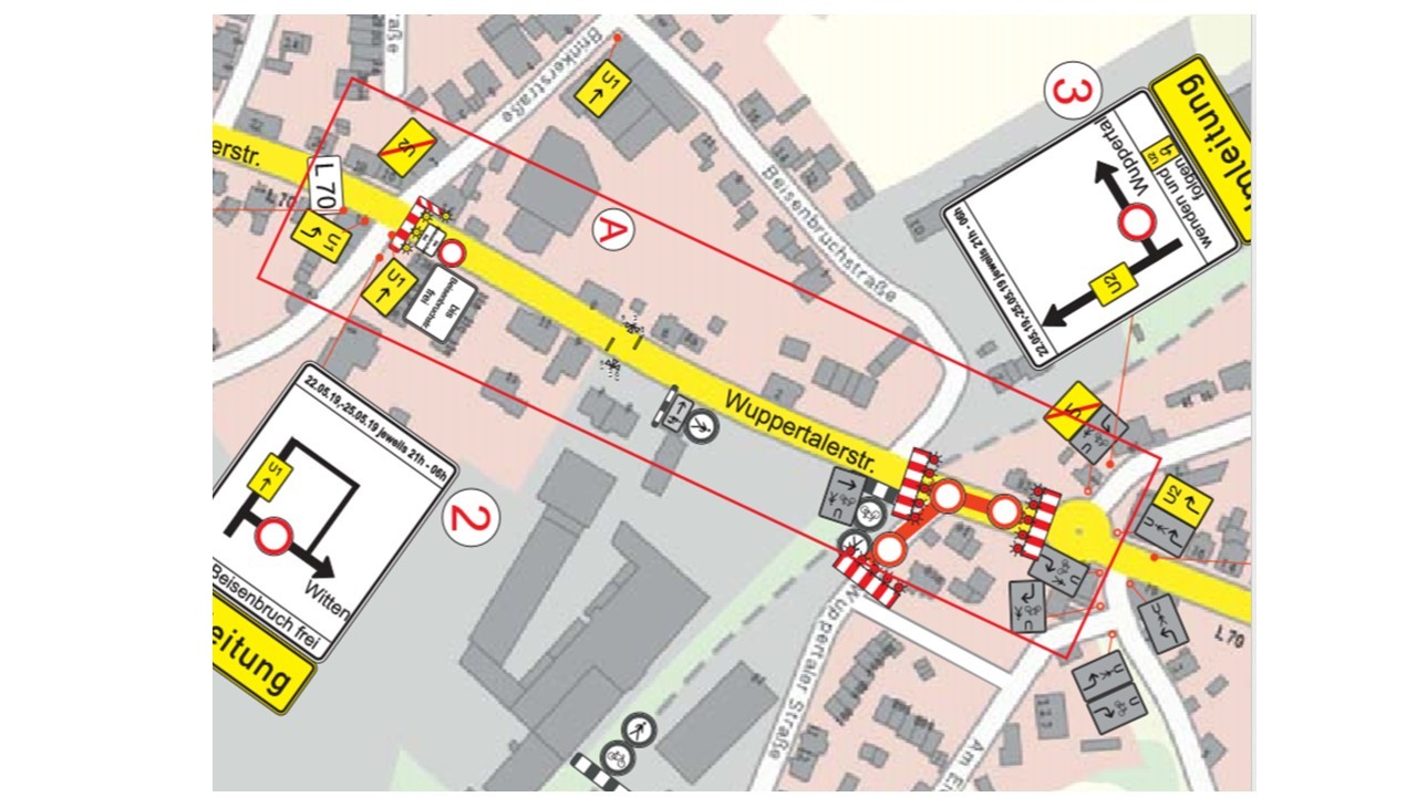 Kartenausschnitt der Karte von Straßen NRW, welcher die Baustelle zeigt. Die ausgeschilderte Umleitung geht über die Brinker-, Hölter- und Bahnhofstraße.