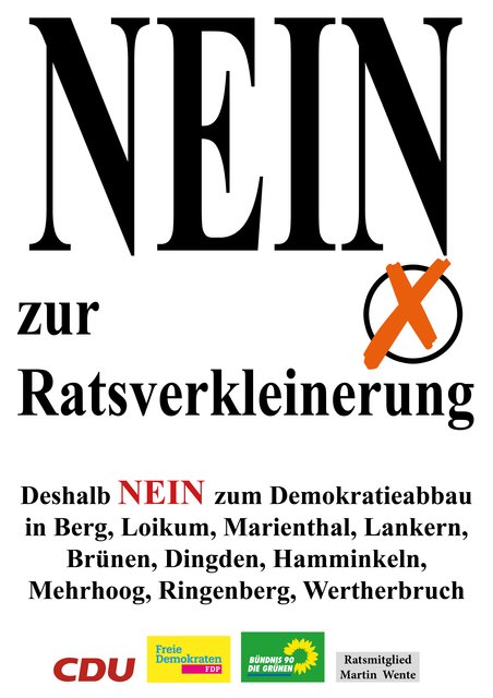 Mit diesem Plakat werben CDU, FDP, Grüne und Ratsmitglied Martin Wente für ihre Positionen.