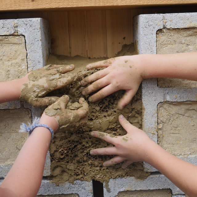 Fleißige Hände der Kinder beim „verspachteln“ von Niströhren für Insekten mit Ton. Foto: Stadt