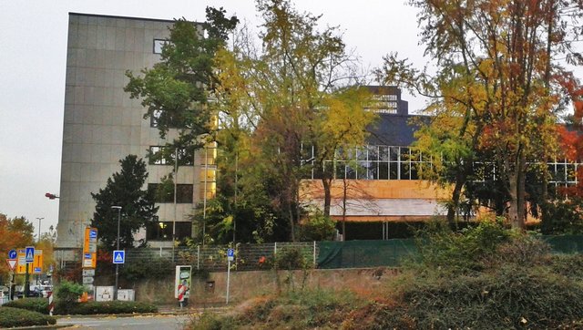Noch ist der Bauplatz des neuen Bürgerathauses zwischen Varnhost- und der Steeler Strasse anderweitig belegt: Das hier etwas durch Bäume versteckte frühere Hauptbad wurde anfang der sechziger Jahre durchaus als spannende architektonische Perle geplant Das ehemalige Gesundheitsamt und heutige graue Job-Center daneben ist ein reiner Zeckbau. -Städtische Neubauten in dieser zentrale lage dürfen aber nicht nur funktional sein, sie sollten auch gestalterisch eine positive Botschaft für Essen ausstrahlen.