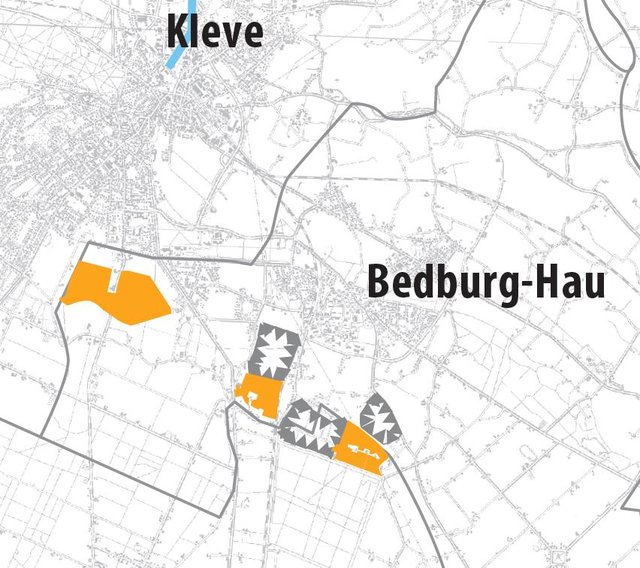 Bild 2: Ausschnit aus Regionalplan Düsseldorf Bereich Bedburg-Hau, Grau-gezackt genehmigte Flächen, Gelb Sondierungsflächen.