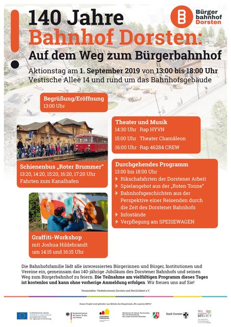 Am Sonntag, 1. September, wird die Bahnhofsfamilie mit einem Aktionstag von 13 Uhr bis 18 Uhr rund um das Bahnhofsgebäude „140 Jahre Bahnhof Dorsten – auf dem Weg zum Bürgerbahnhof“ einen Rückblick und Ausblick zum Bahnhof Dorsten geben und das 140-jährige Jubiläum feiern.