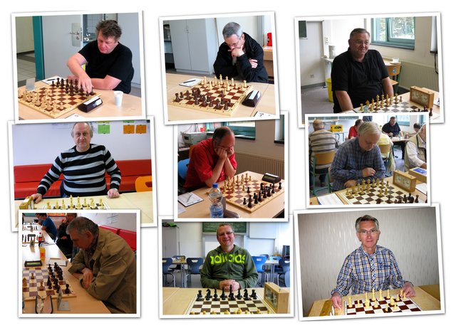Die neun Aufsteiger vom Schach-Verbandsbezirksliga-Meister SV Rochade Eving: in der oberen Reihe (v.l.n.r.) Christoph Michalek, Klaus Kleibaumhüter und Franz Michalek, in der mittleren Reihe (v.l.n.r.) Rüdiger Hornung, Dirk Pahne und Karl-Heinz Jähnicke sowie in der unteren Reihe (v.l.n.r.) Karl-Heinz Regber, Jörg Vollenberg und Werner Regber.