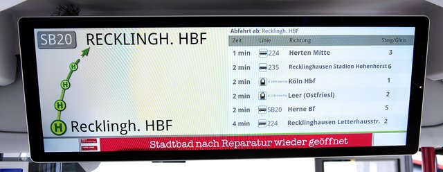 Die Vestische hat in ihrer Busflotte die automatische Anschlussanzeige in Betrieb genommen. Auf den Info-Monitoren können die Fahrgäste nun erkennen, welche Verbindungen ihnen an wichtigen Knotenpunkten zur Verfügung stehen.