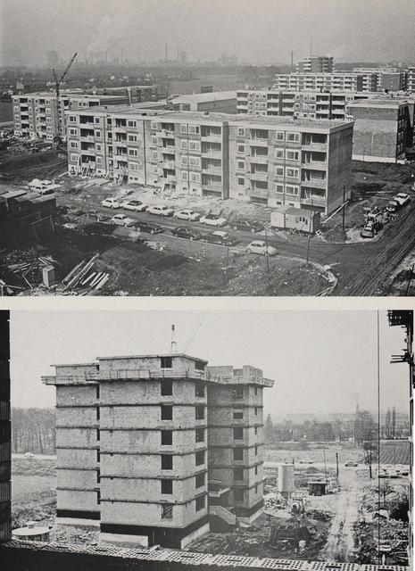Die 39 DOGEWO21-Häuser am Vierkandtweg, Mackenrothweg, Sombartweg und Schumpeterweg waren Teil eines einzigartigen Projekts: Hier ein Blick auf Scharnhorst-Ost, vom Punkthaus auf die Baustelle, 1968.
