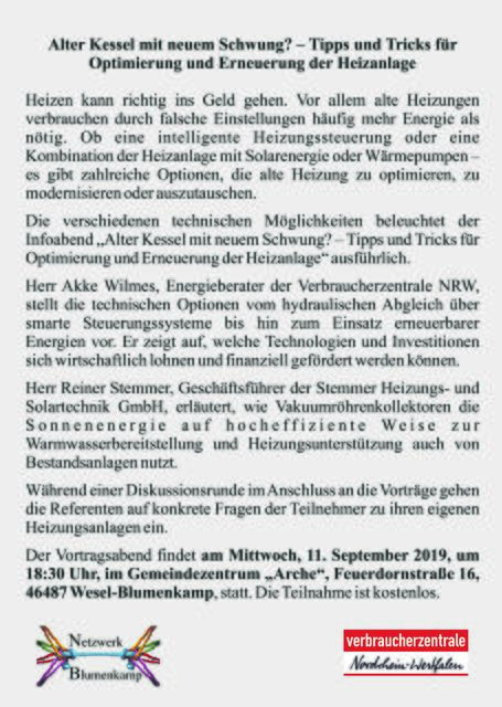„Alter Kessel mit neuem Schwung“ heißt ein kostenloser Vortragabend für alle interessierten Bürger, der am heutigen Mittwoch, 11. September, um 18.30 Uhr in der Arche in Wesel-Blumenkamp stattfindet.