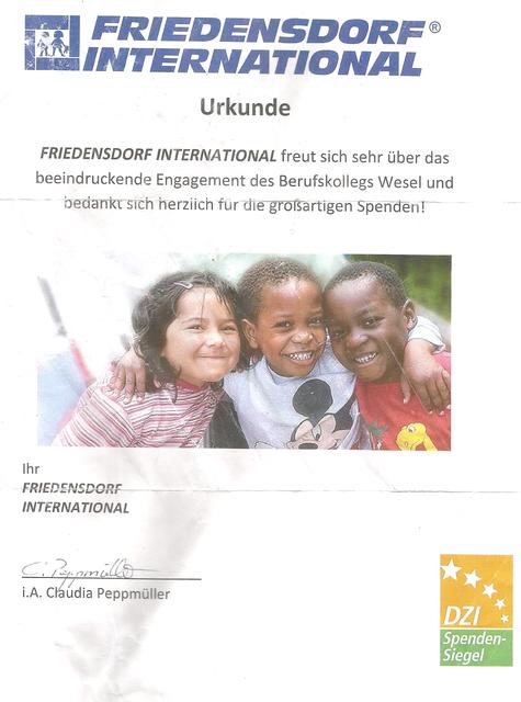 Berufskolleg Wesel erhielt Urkunde für Engagement zugunsten Friedensdorf