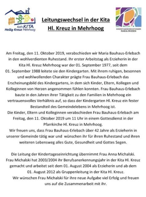 Die Meldung des Trägers Kirchengemeinde zur Verabschiedung der ehemaligen Kita-Leiterin Maria Bauhaus-Erlebach, die von den Kindern, Eltern und Kolleginnen am Freitag, 11. Oktober, um 11 Uhr in einem Gottesdienst in der Pfarrkirche Hl. Kreuz in Mehrhoog verabschiedet wird.