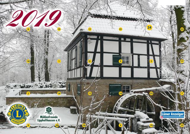 Motiv des Kalender ist - nach zwei Versionen mit einer Zeichnung - in diesem Jahr ein winterliches Foto der Schlossmühle.