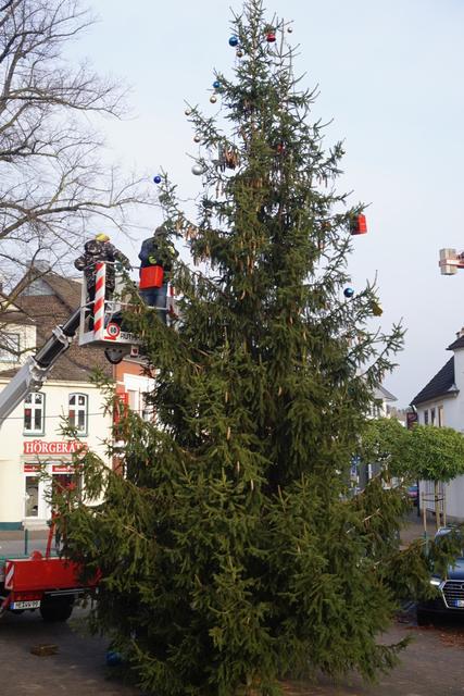 Volker Laser und Mike Engelen kommen mit dem Hubwagen bis an die Spitze des Baumes.