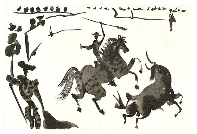 Eine Reproduktion: Pablo Picasso, La Tauromaquia, Stierkampf zu Pferde mit dem Speer, 1959, @VG Bild-Kunst, 2020.